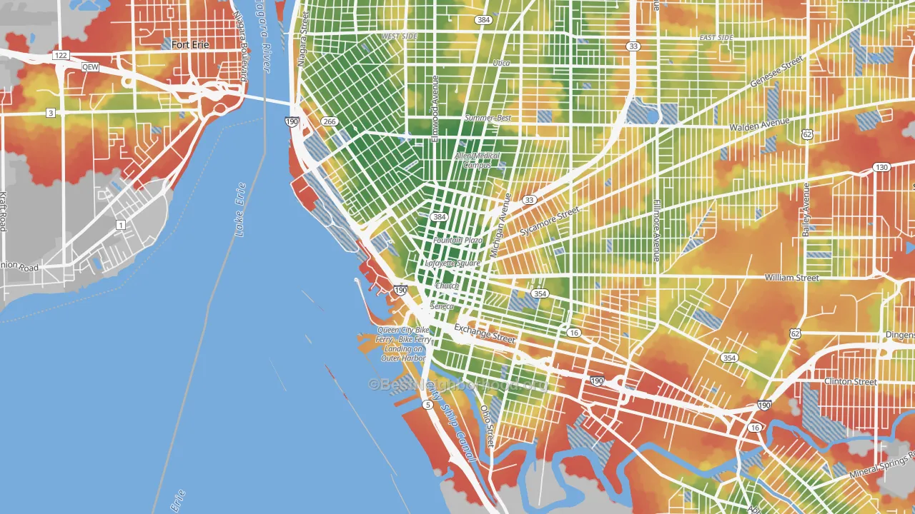 Walk Grade map of Central Business District-Buffalo, Buffalo, NY, walkable areas in green and car-dependent areas in red