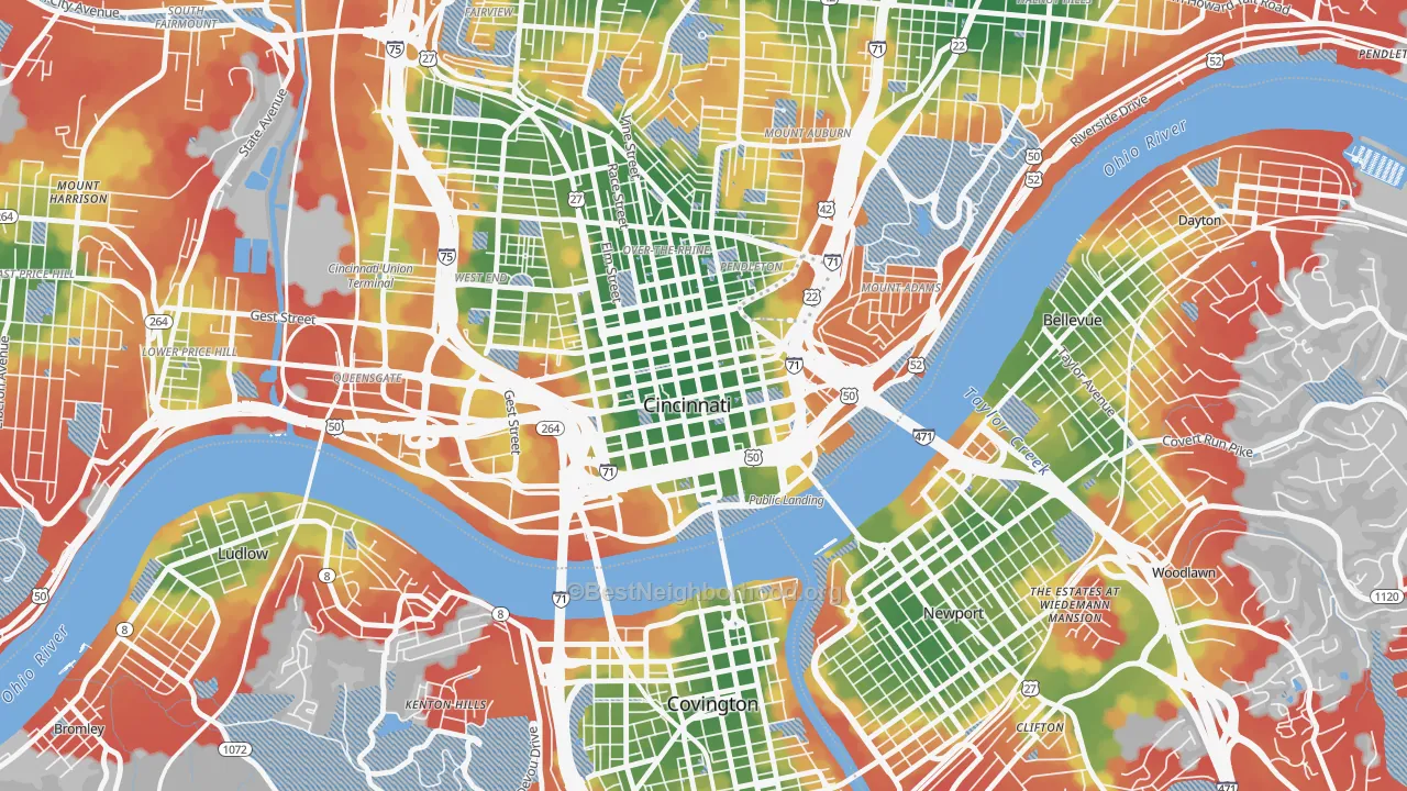 Walk Grade map of Central Business District, Cincinnati, OH, walkable areas in green and car-dependent areas in red