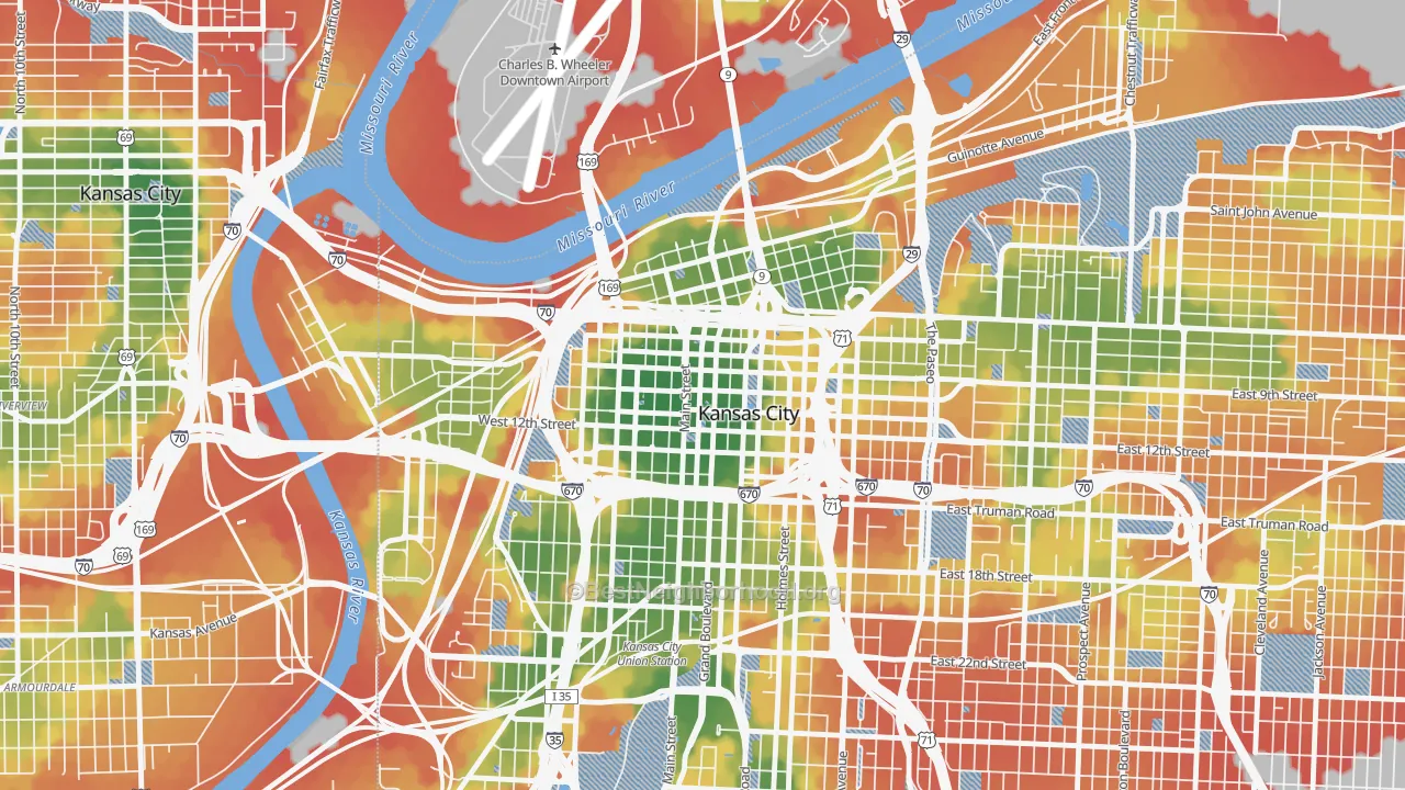 Walk Grade map of Central Business District, Kansas City, MO, walkable areas in green and car-dependent areas in red