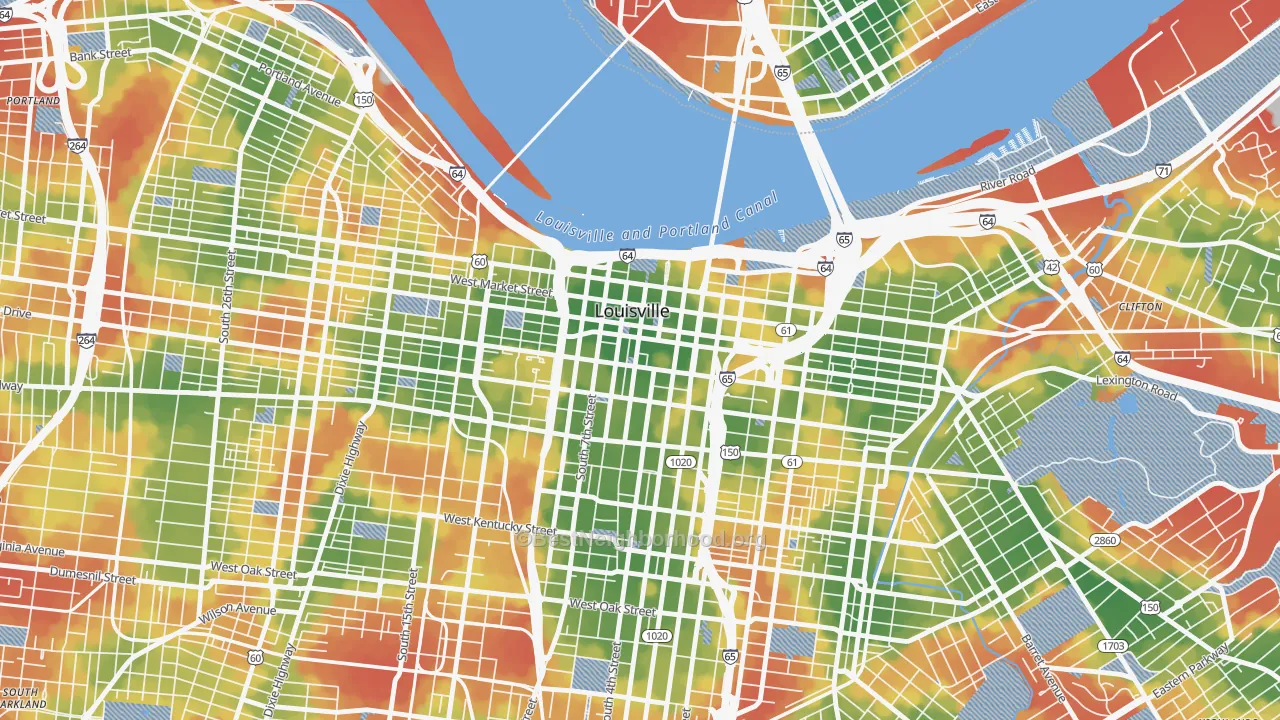 Walk Grade map of Central Business District, Louisville, KY, walkable areas in green and car-dependent areas in red