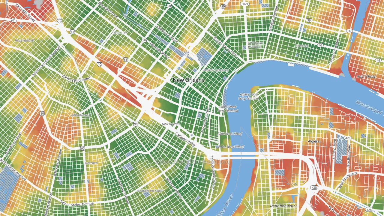 Walk Grade map of Central Business District, New Orleans, LA, walkable areas in green and car-dependent areas in red