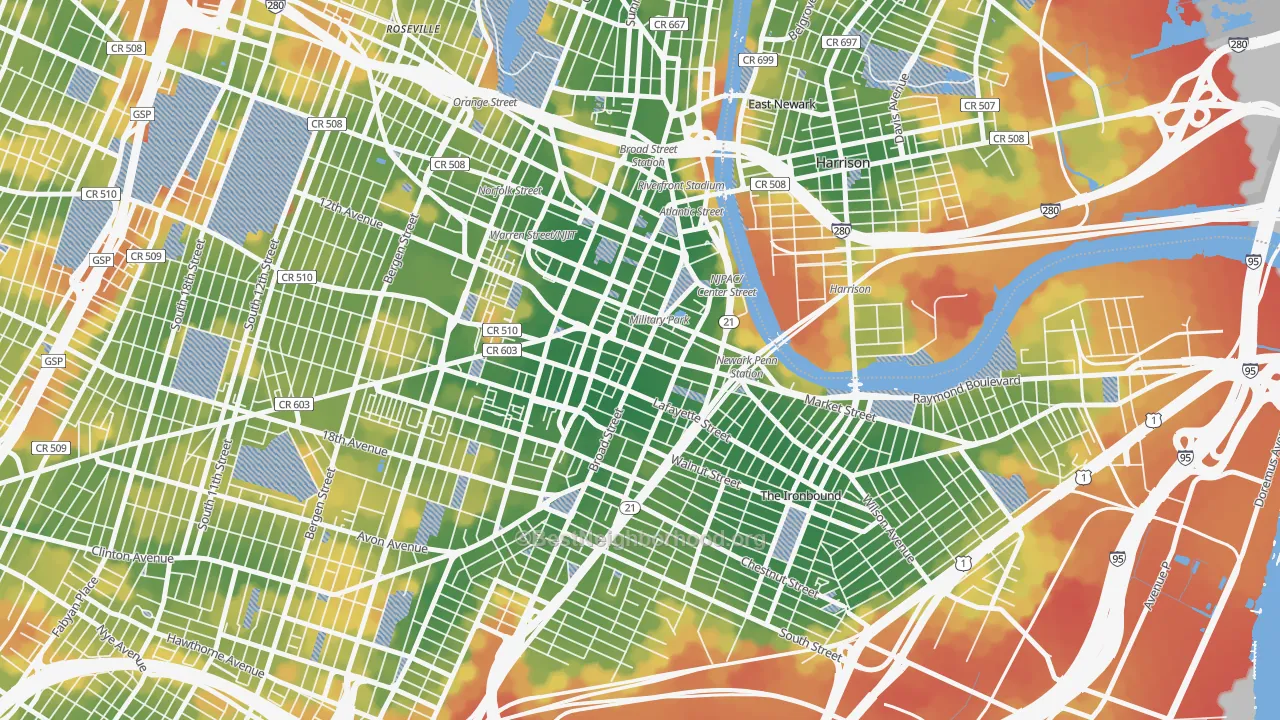 Walk Grade map of Central Business District, Newark, NJ, walkable areas in green and car-dependent areas in red