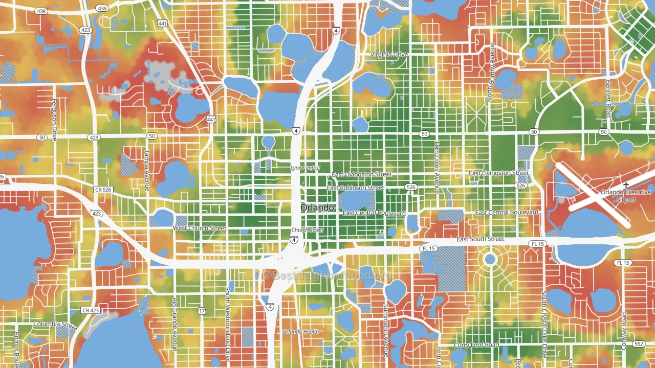 Walk Grade map of Central Business District, Orlando, FL, walkable areas in green and car-dependent areas in red