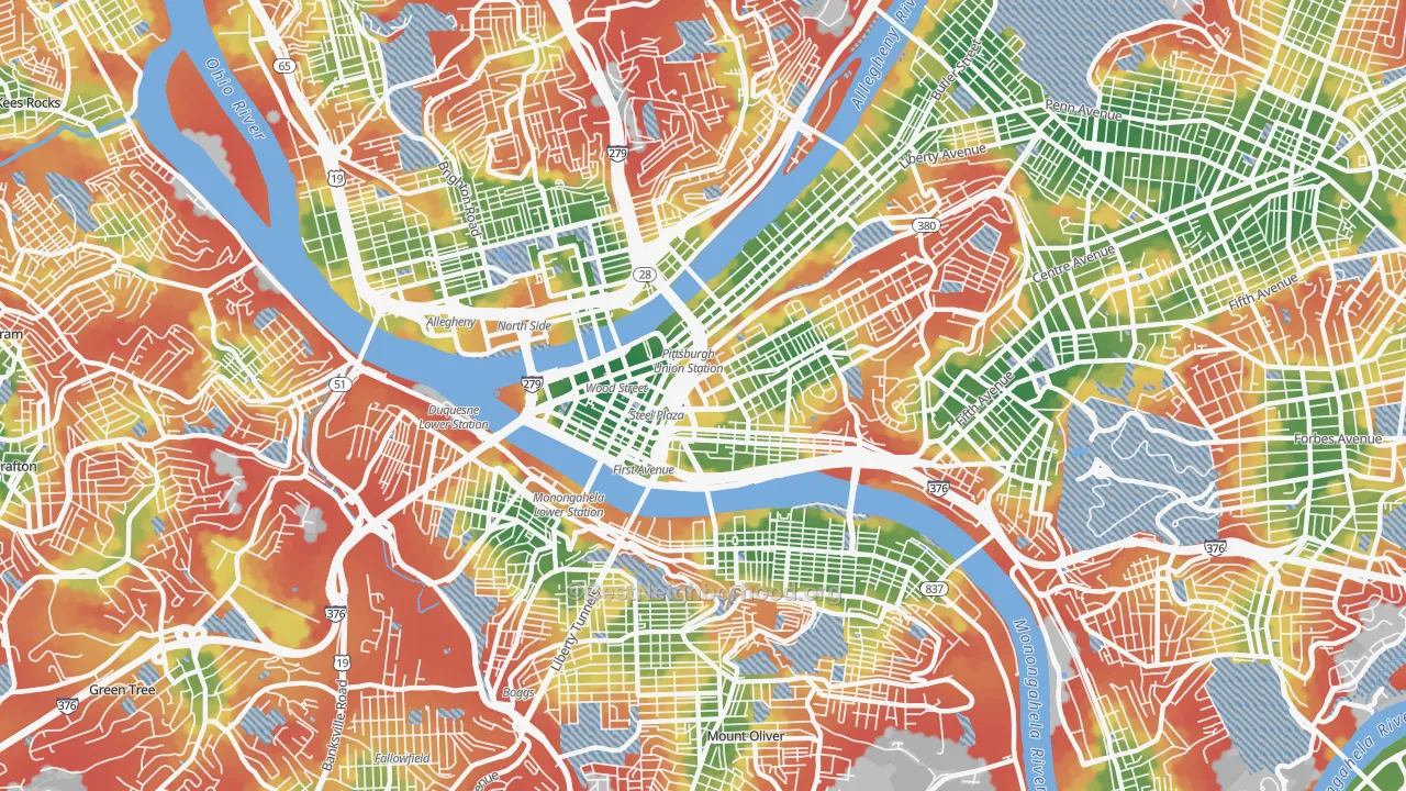 Walk Grade map of Central Business District, Pittsburgh, PA, walkable areas in green and car-dependent areas in red