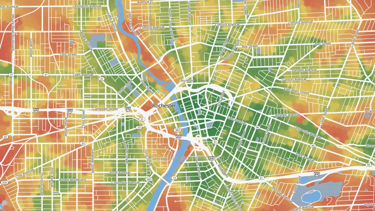 Walk Grade map of Central Business District-Rochester, Rochester, NY, walkable areas in green and car-dependent areas in red