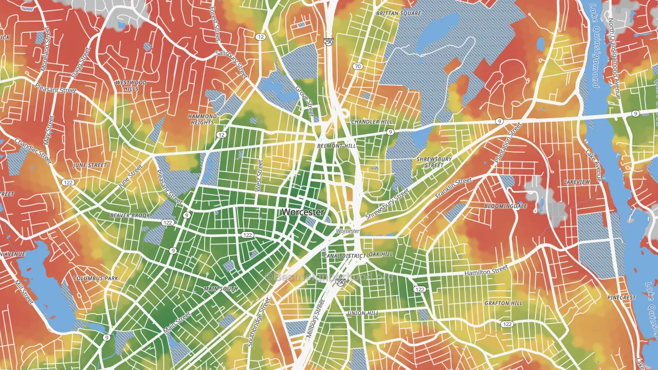 Walk Grade map of Central Business District, Worcester, MA, walkable areas in green and car-dependent areas in red