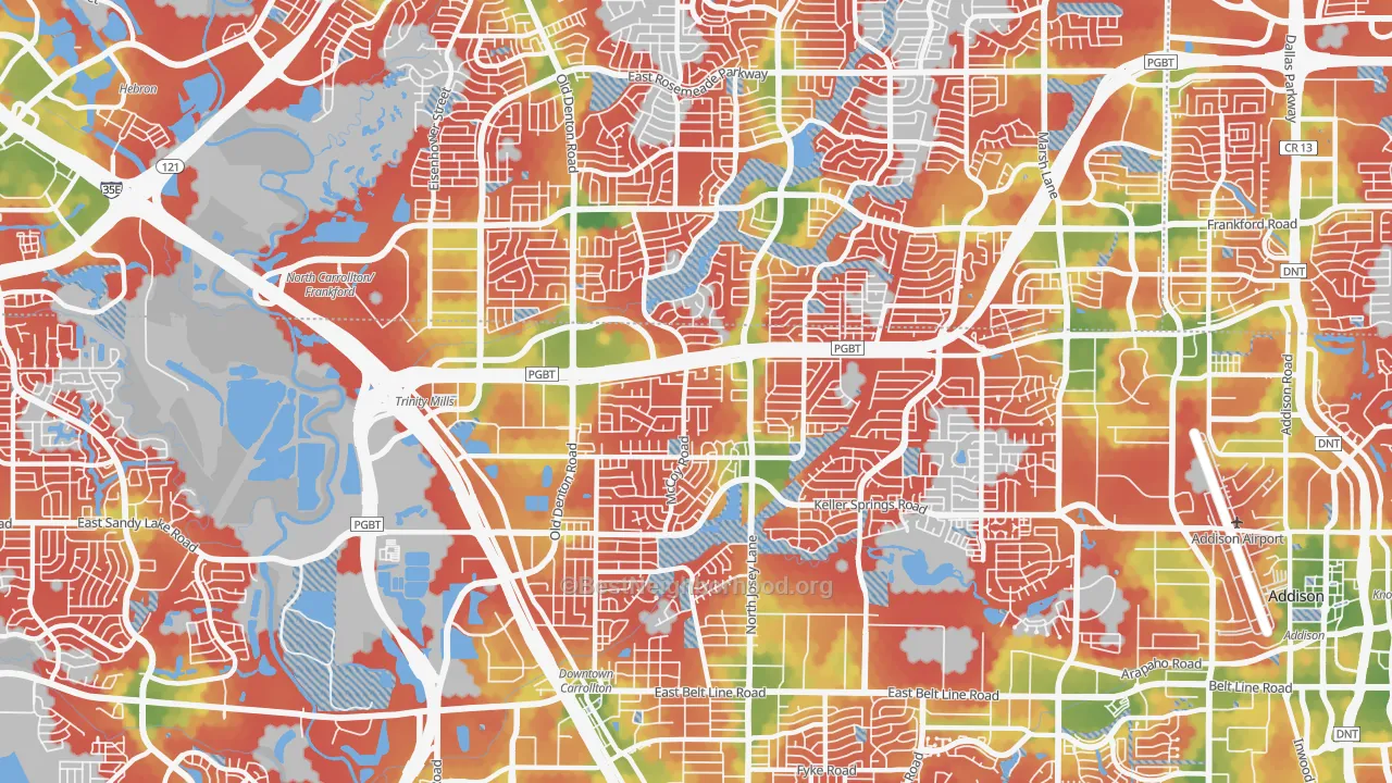 Walk Grade map of Central Carrollton, Carrollton, TX, walkable areas in green and car-dependent areas in red