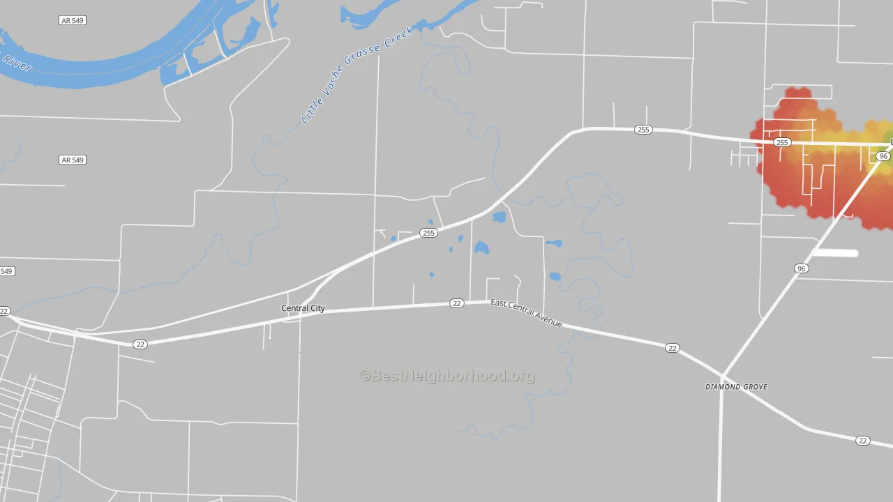 Walk Grade map of Central City, AR, walkable areas in green and car-dependent areas in red