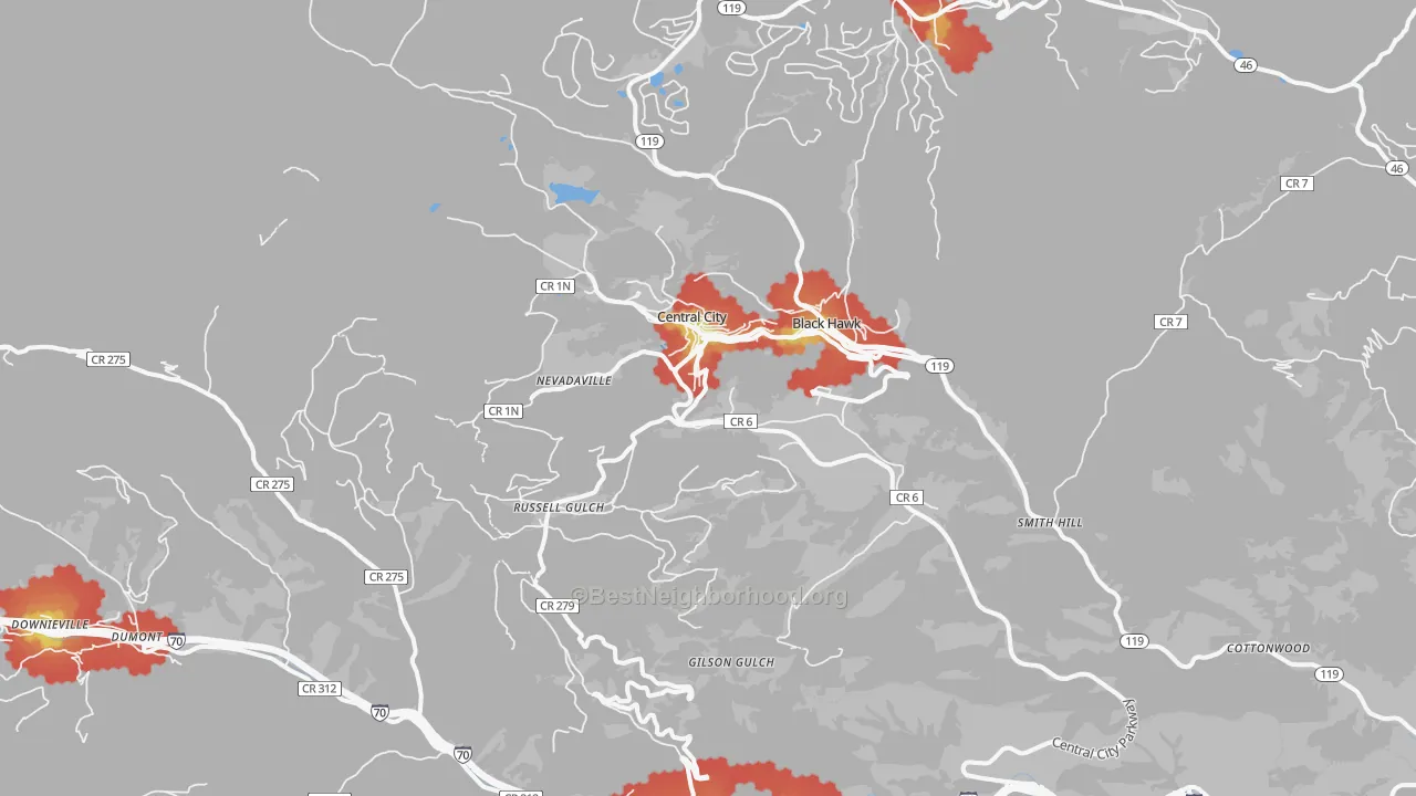 Walk Grade map of Central City, CO, walkable areas in green and car-dependent areas in red