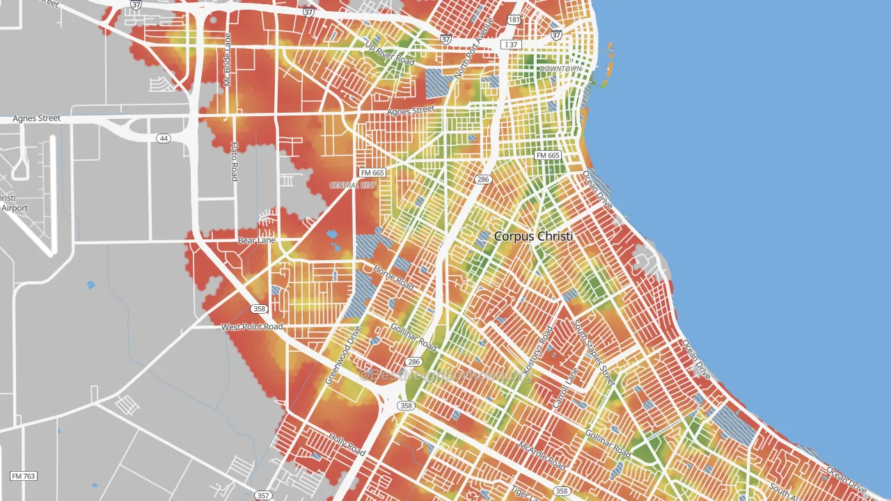 Walk Grade map of Central City, Corpus Christi, TX, walkable areas in green and car-dependent areas in red