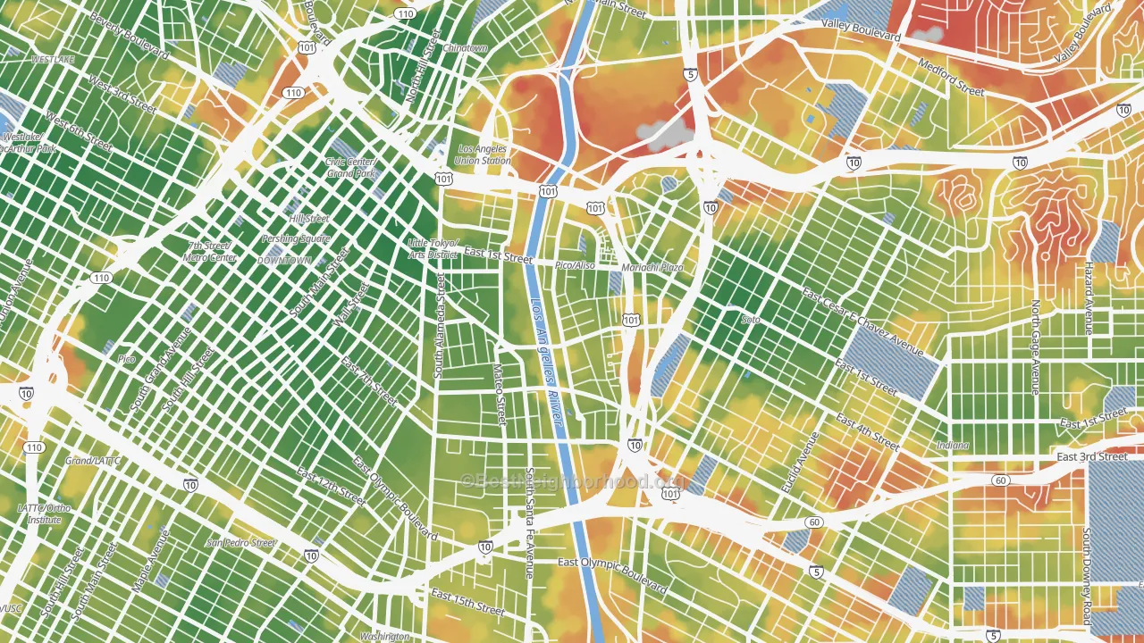 Walk Grade map of Central City East, Los Angeles, CA, walkable areas in green and car-dependent areas in red