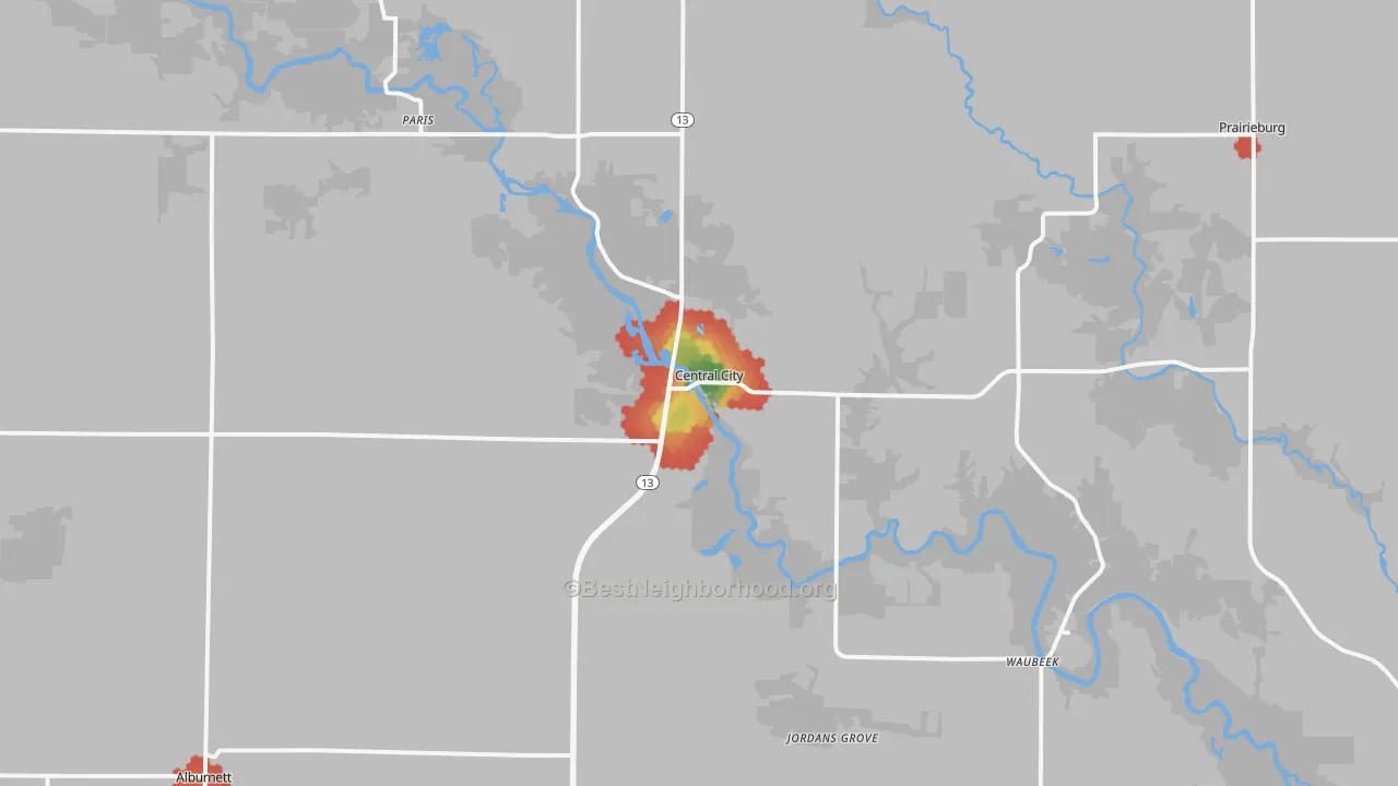 Walk Grade map of Central City, IA, walkable areas in green and car-dependent areas in red