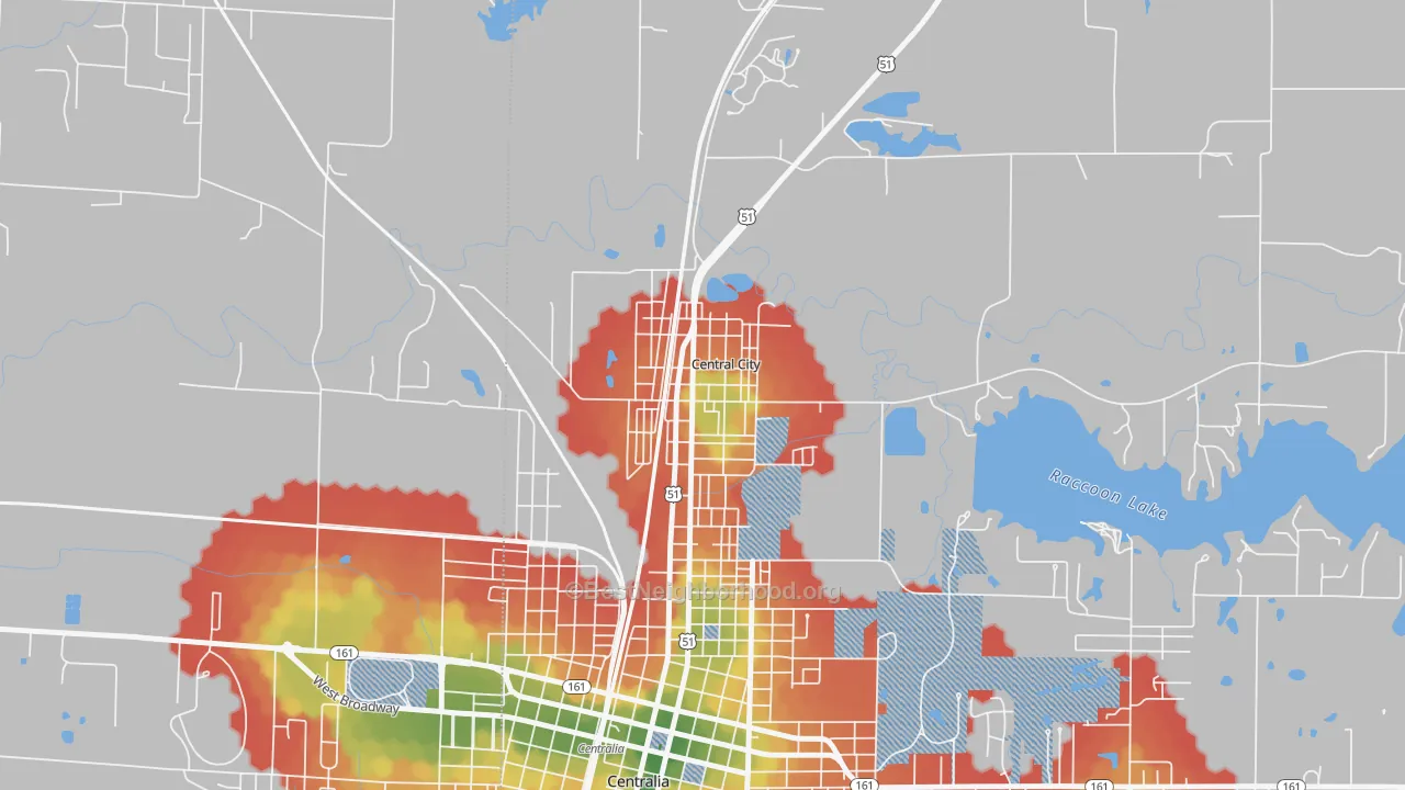 Walk Grade map of Central City, IL, walkable areas in green and car-dependent areas in red