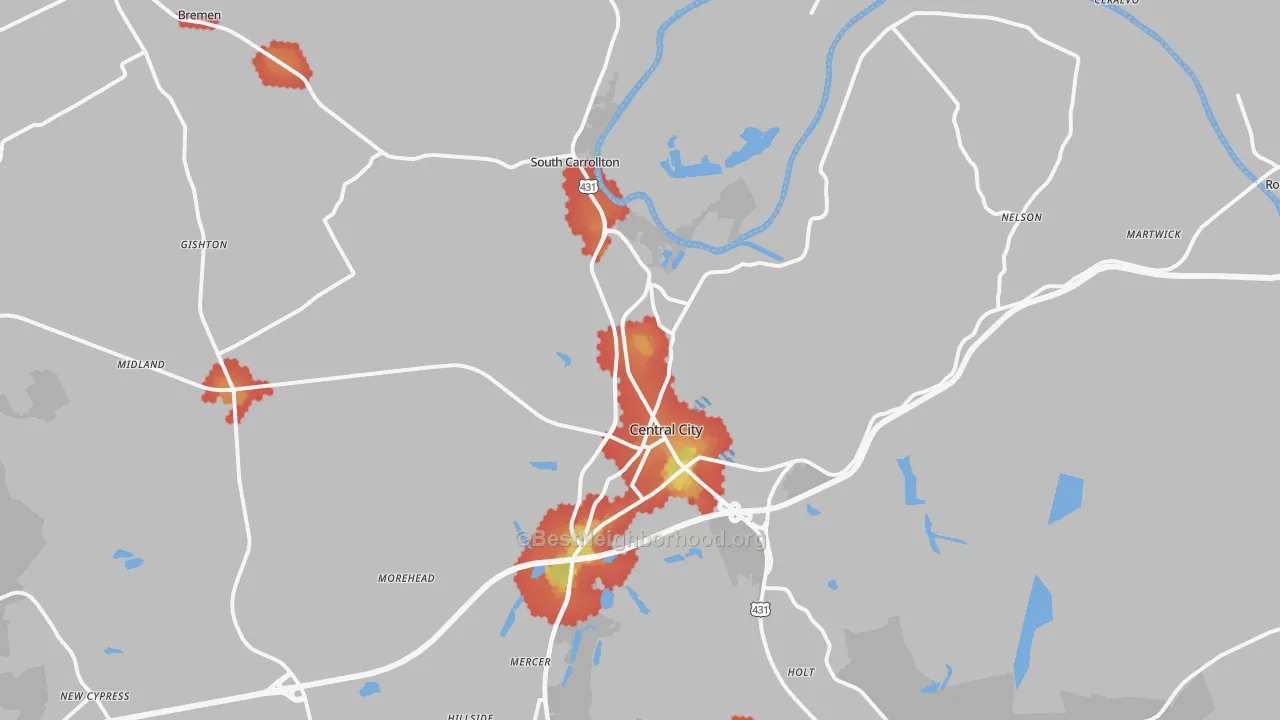 Walk Grade map of Central City, KY, walkable areas in green and car-dependent areas in red