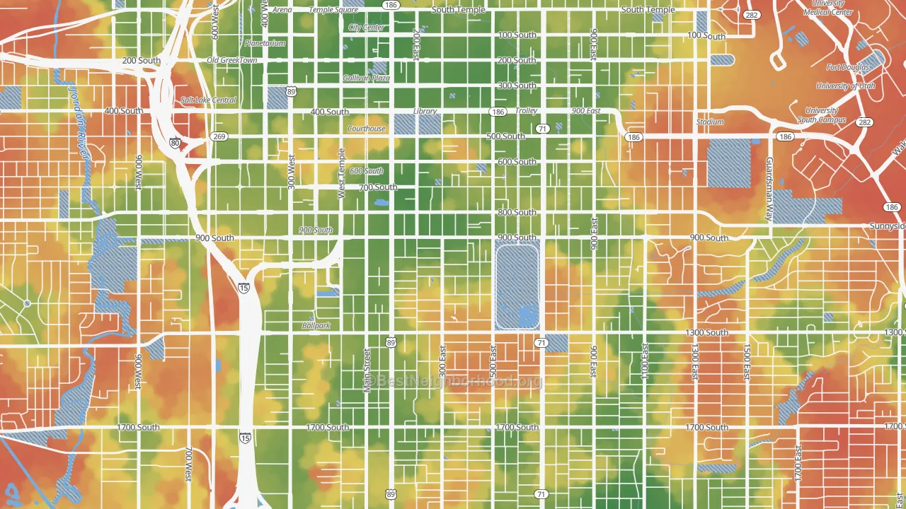 Walk Grade map of Central City Liberty Wells, Salt Lake City, UT, walkable areas in green and car-dependent areas in red