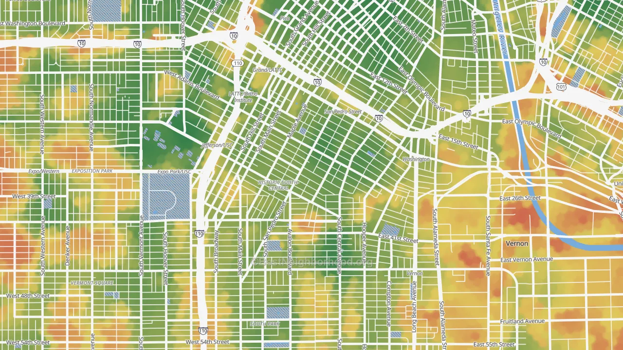 Walk Grade map of Central City, Los Angeles, CA, walkable areas in green and car-dependent areas in red
