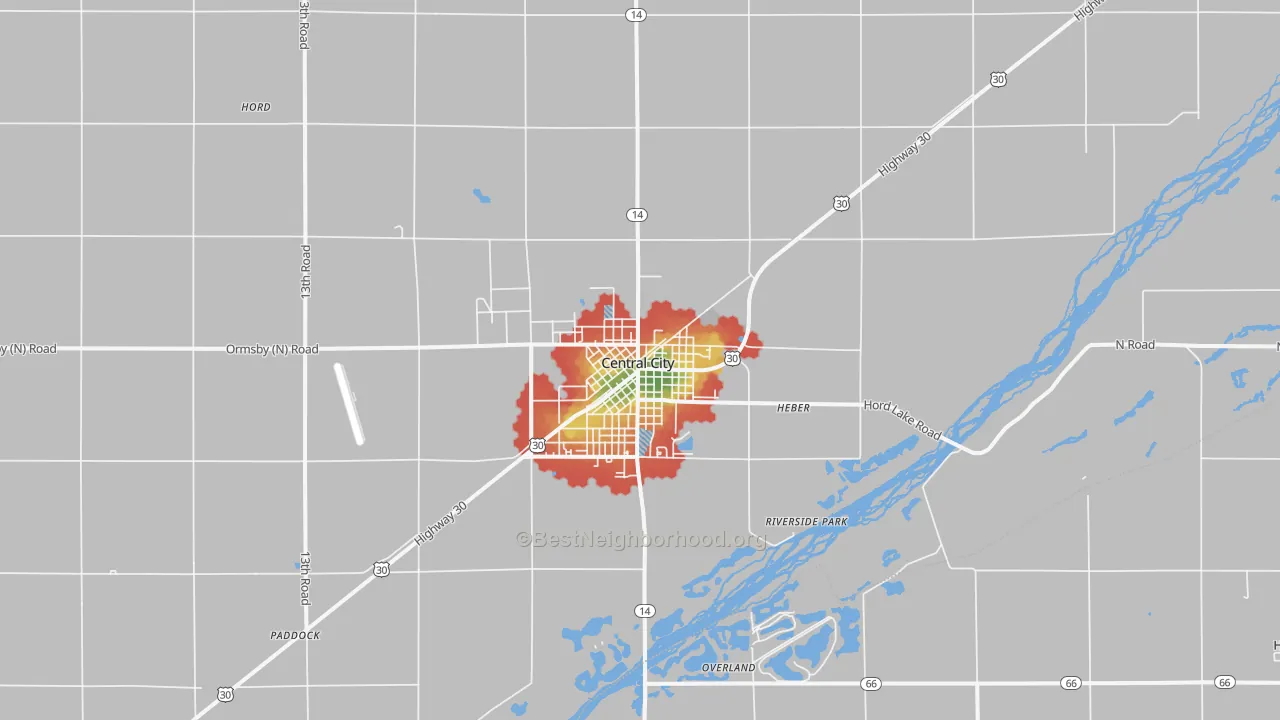 Walk Grade map of Central City, NE, walkable areas in green and car-dependent areas in red