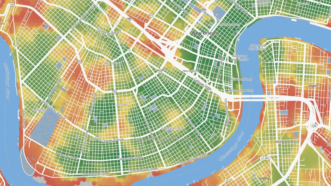 Walk Grade map of Central City, New Orleans, LA, walkable areas in green and car-dependent areas in red