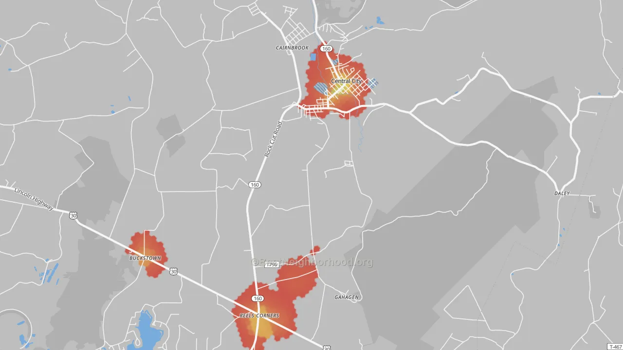 Walk Grade map of Central City, PA, walkable areas in green and car-dependent areas in red