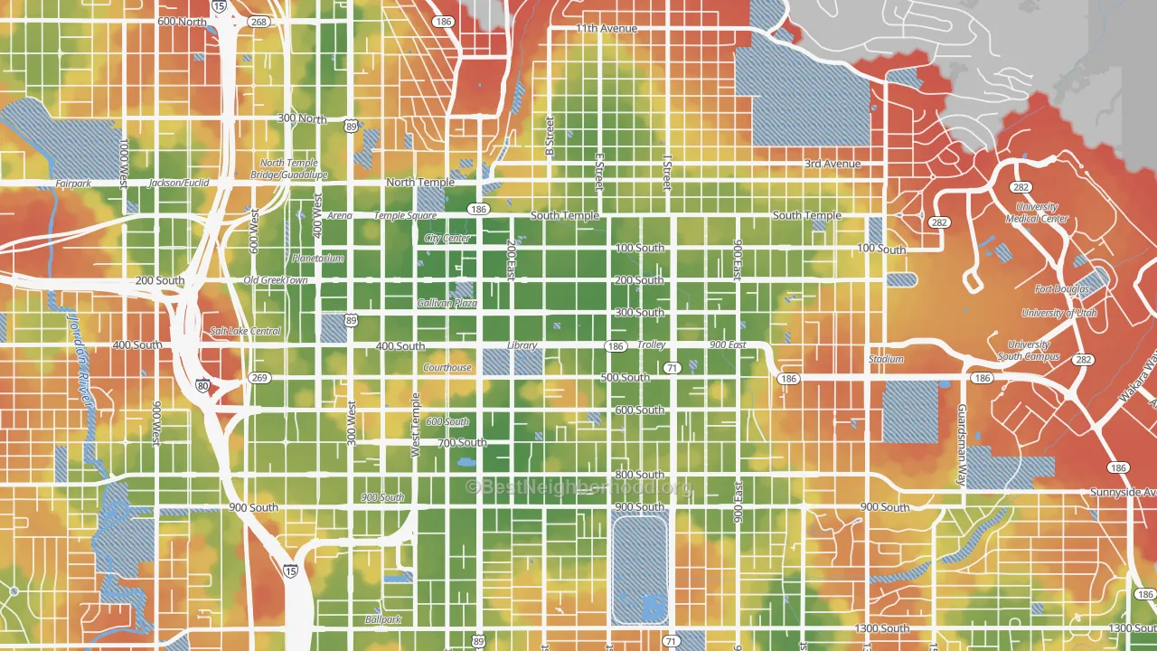 Walk Grade map of Central City, Salt Lake City, UT, walkable areas in green and car-dependent areas in red