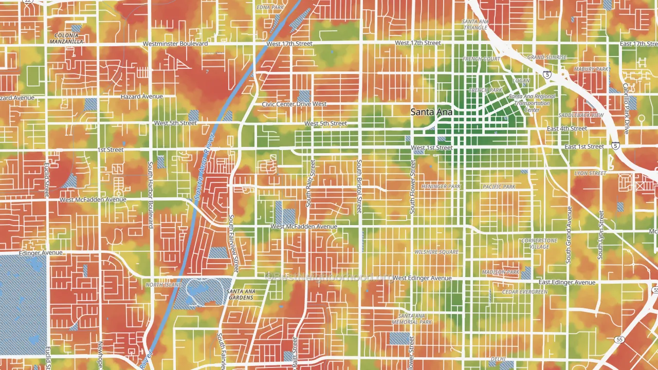 Walk Grade map of Central City Santa Ana, Santa Ana, CA, walkable areas in green and car-dependent areas in red