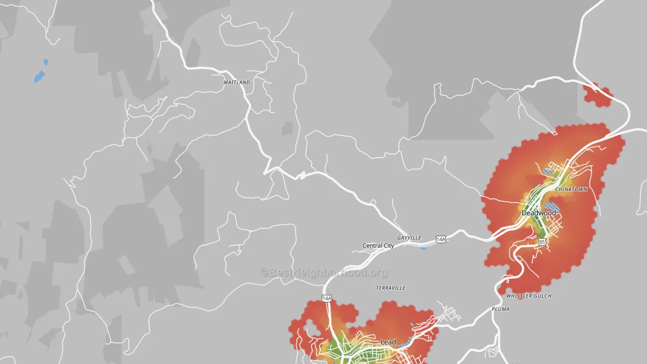 Walk Grade map of Central City, SD, walkable areas in green and car-dependent areas in red
