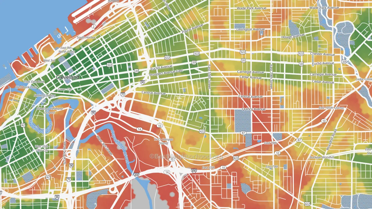 Walk Grade map of Central, Cleveland, OH, walkable areas in green and car-dependent areas in red