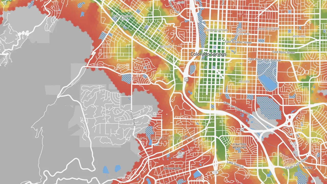 Walk Grade map of Central Colorado City, Colorado Springs, CO, walkable areas in green and car-dependent areas in red