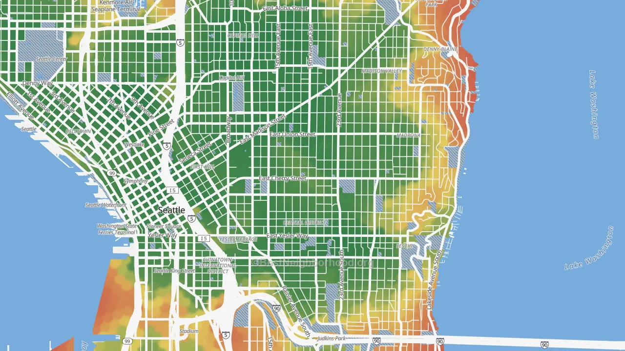 Walk Grade map of Central District, Seattle, WA, walkable areas in green and car-dependent areas in red