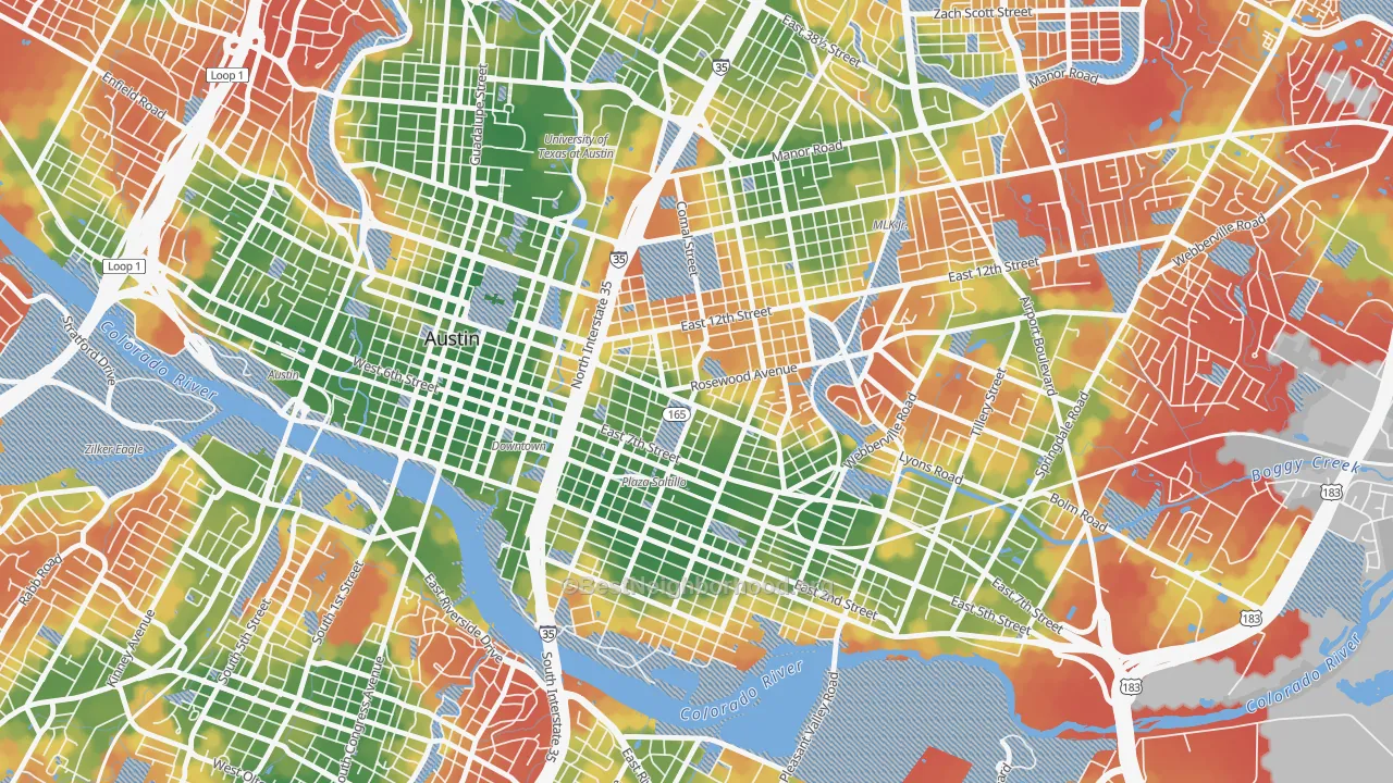 Walk Grade map of Central East Austin, Austin, TX, walkable areas in green and car-dependent areas in red