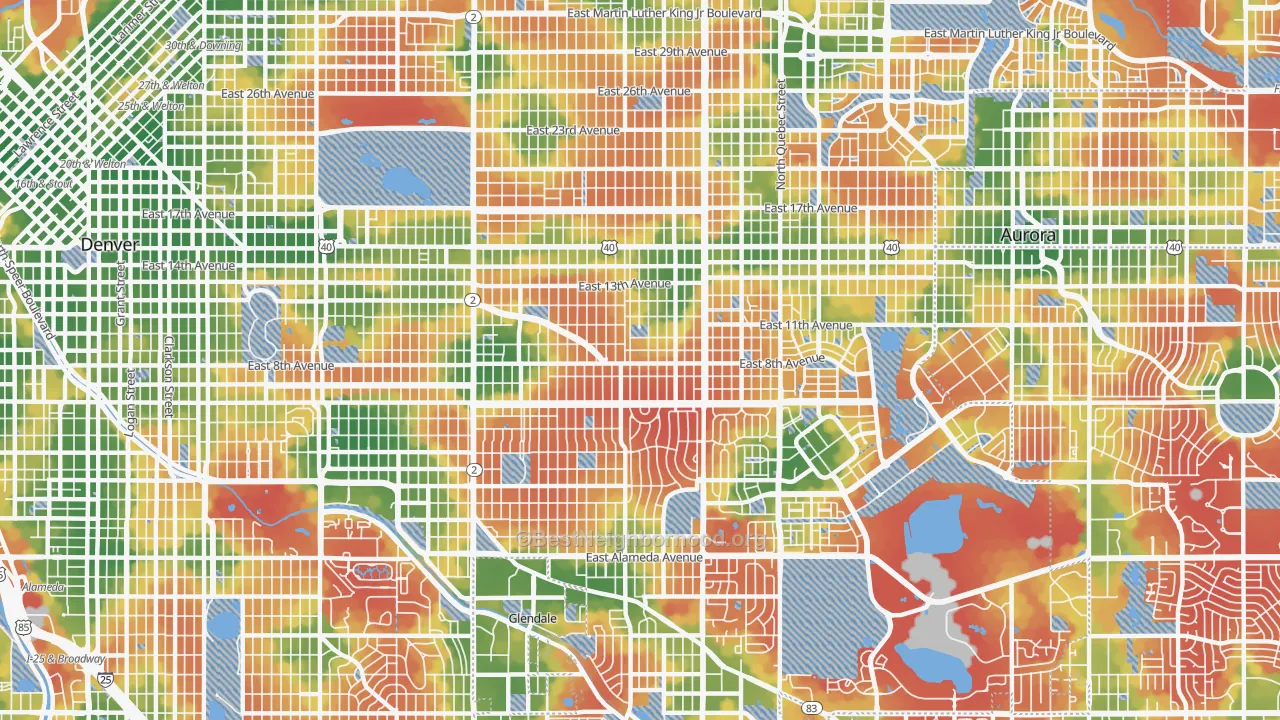 Walk Grade map of Central East Denver, Denver, CO, walkable areas in green and car-dependent areas in red
