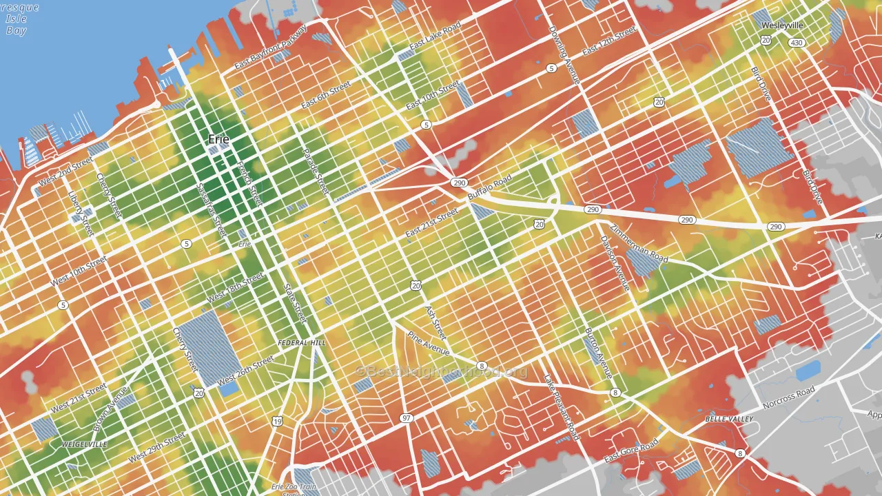 Walk Grade map of Central Eastside, Erie, PA, walkable areas in green and car-dependent areas in red