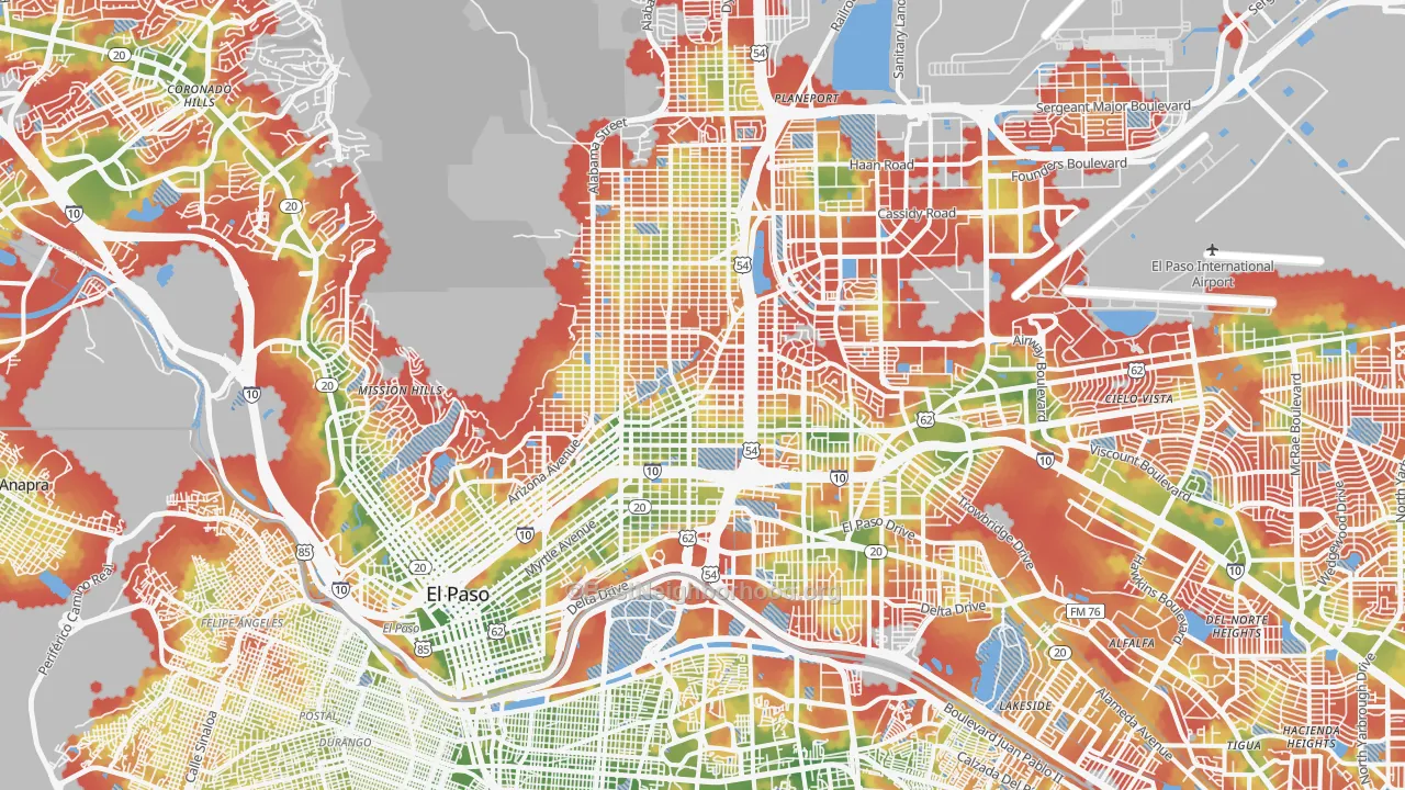 Walk Grade map of Central, El Paso, TX, walkable areas in green and car-dependent areas in red