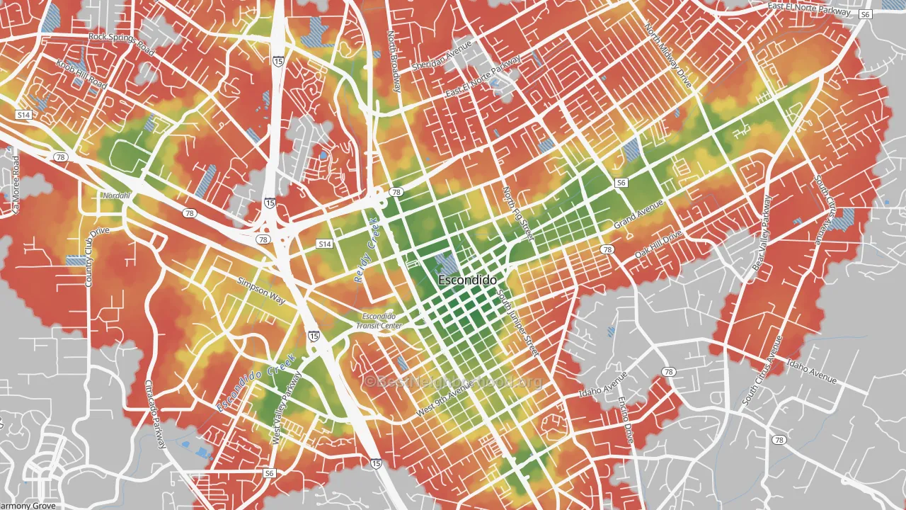 Walk Grade map of Central Escondido, Escondido, CA, walkable areas in green and car-dependent areas in red