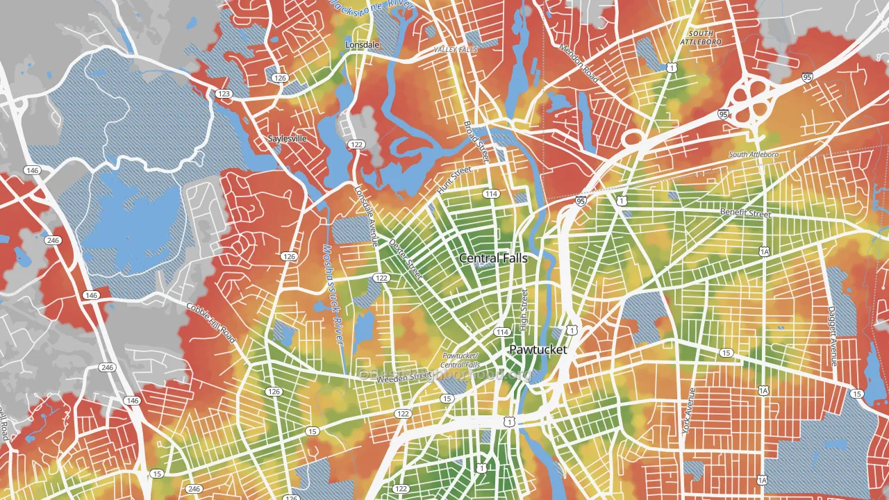 Walk Grade map of Central Falls, RI, walkable areas in green and car-dependent areas in red