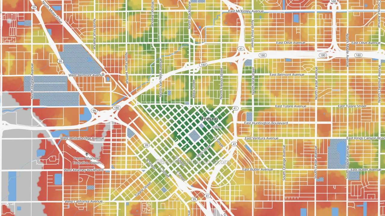 Walk Grade map of Central, Fresno, CA, walkable areas in green and car-dependent areas in red