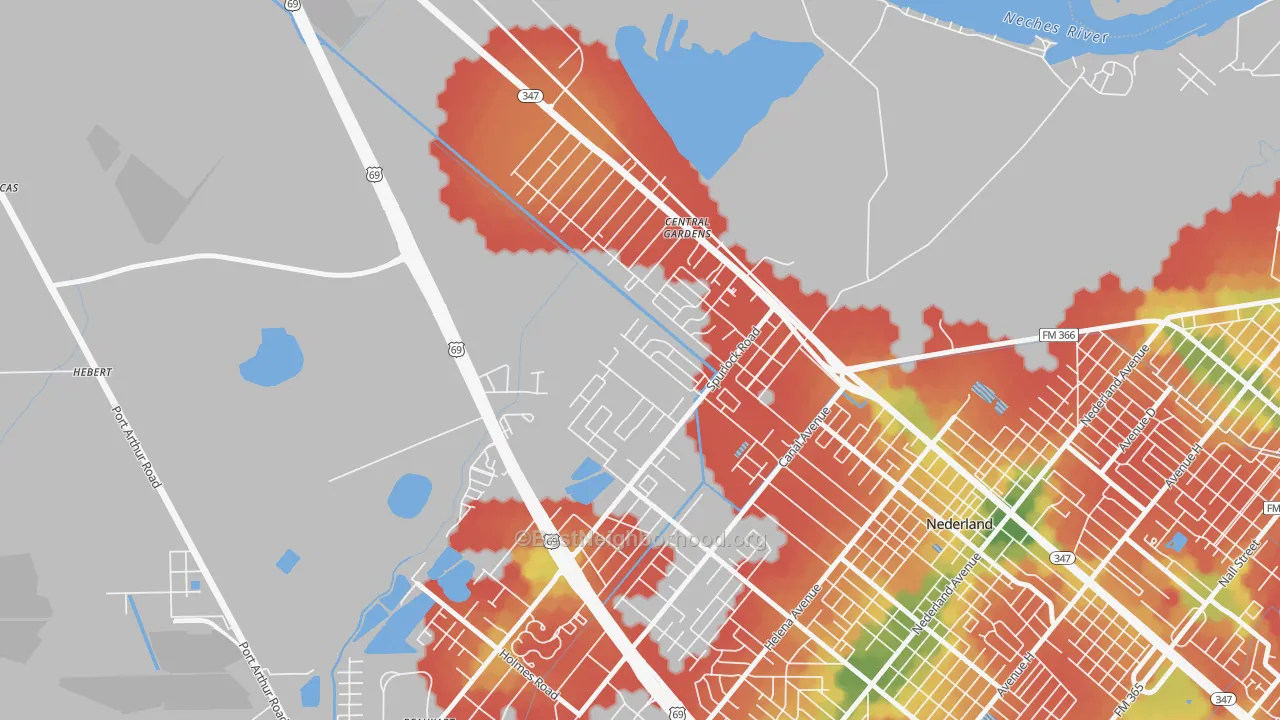 Walk Grade map of Central Gardens, TX, walkable areas in green and car-dependent areas in red