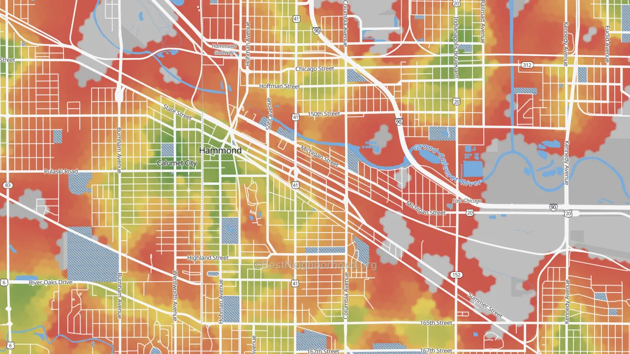 Walk Grade map of Central Hammond, Hammond, IN, walkable areas in green and car-dependent areas in red
