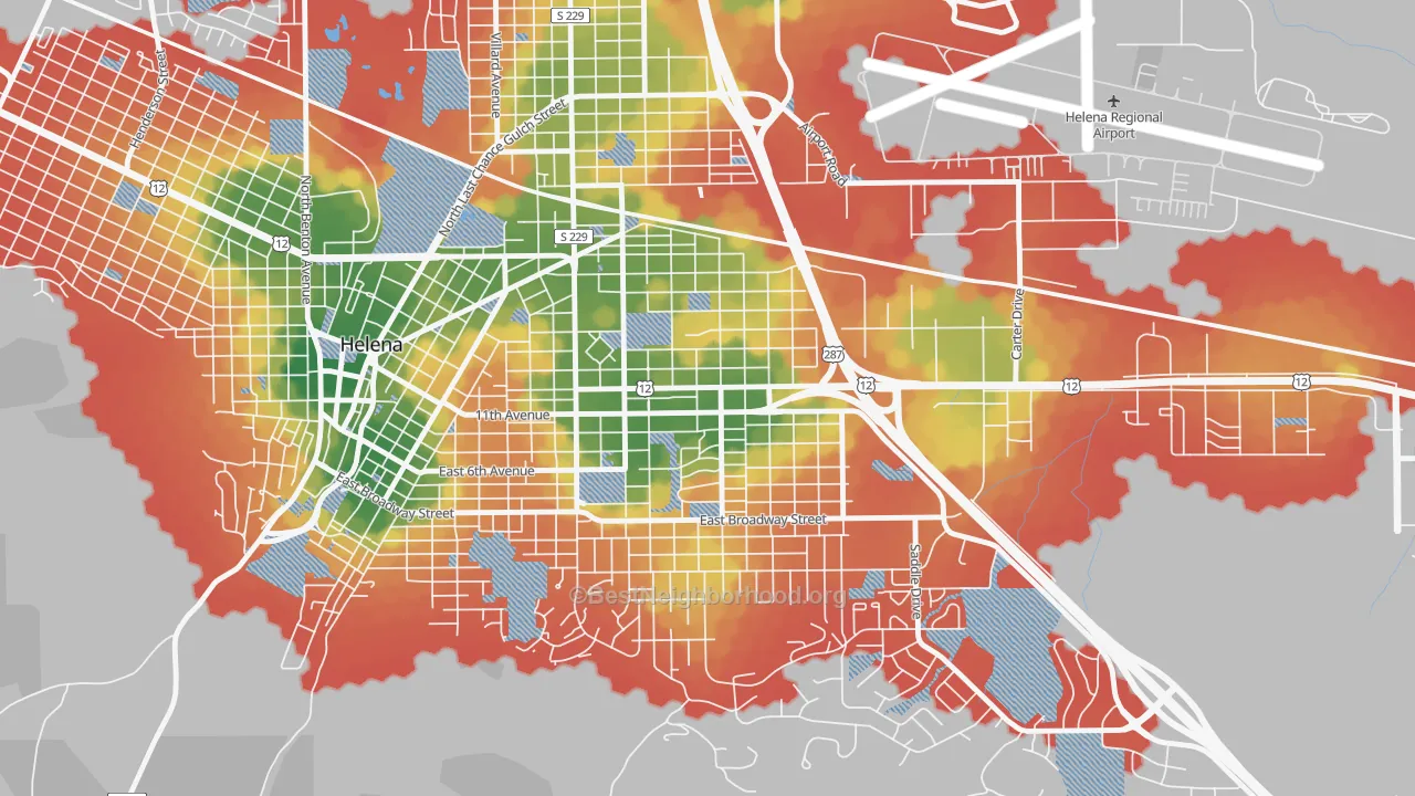 Walk Grade map of Central, Helena, MT, walkable areas in green and car-dependent areas in red
