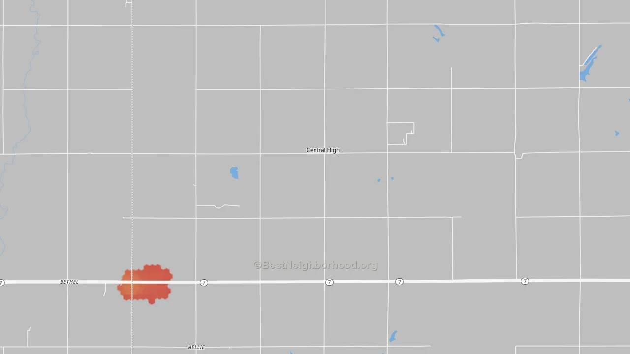 Walk Grade map of Central High, OK, walkable areas in green and car-dependent areas in red