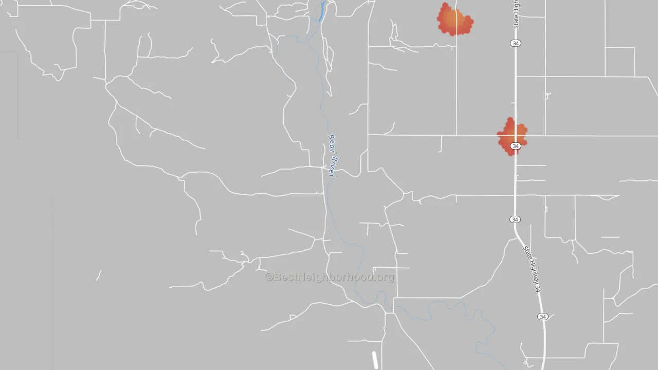Walk Grade map of Central, ID, walkable areas in green and car-dependent areas in red