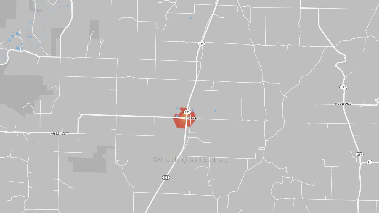 Walk Grade map of Central, IN, walkable areas in green and car-dependent areas in red