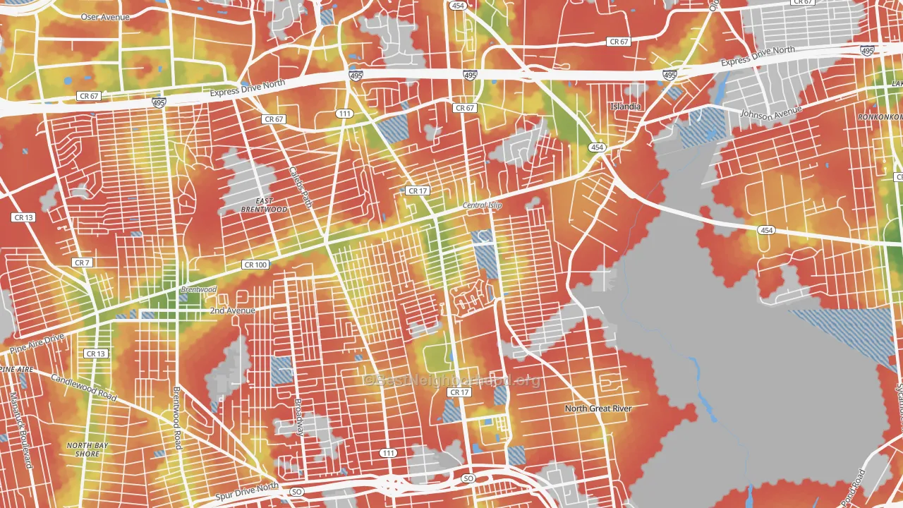 Walk Grade map of Central Islip, NY, walkable areas in green and car-dependent areas in red