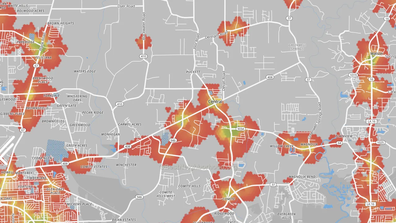 Walk Grade map of Central, LA, walkable areas in green and car-dependent areas in red