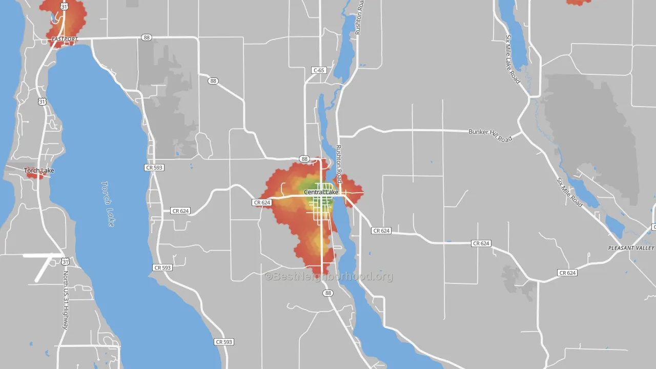 Walk Grade map of Central Lake, MI, walkable areas in green and car-dependent areas in red