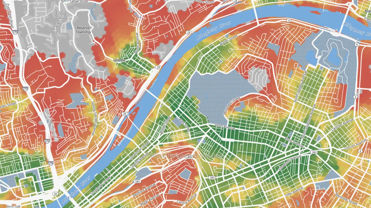 Walk Grade map of Central Lawrenceville, Pittsburgh, PA, walkable areas in green and car-dependent areas in red