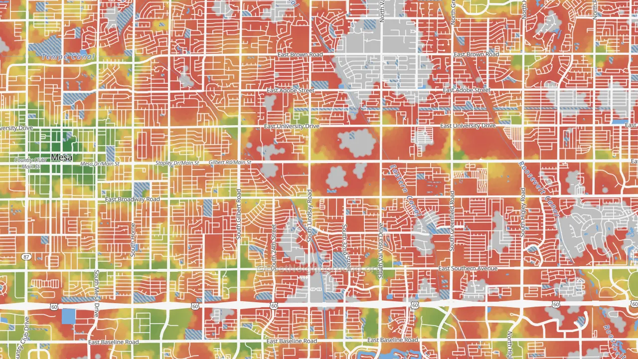 Walk Grade map of Central Mesa, Mesa, AZ, walkable areas in green and car-dependent areas in red