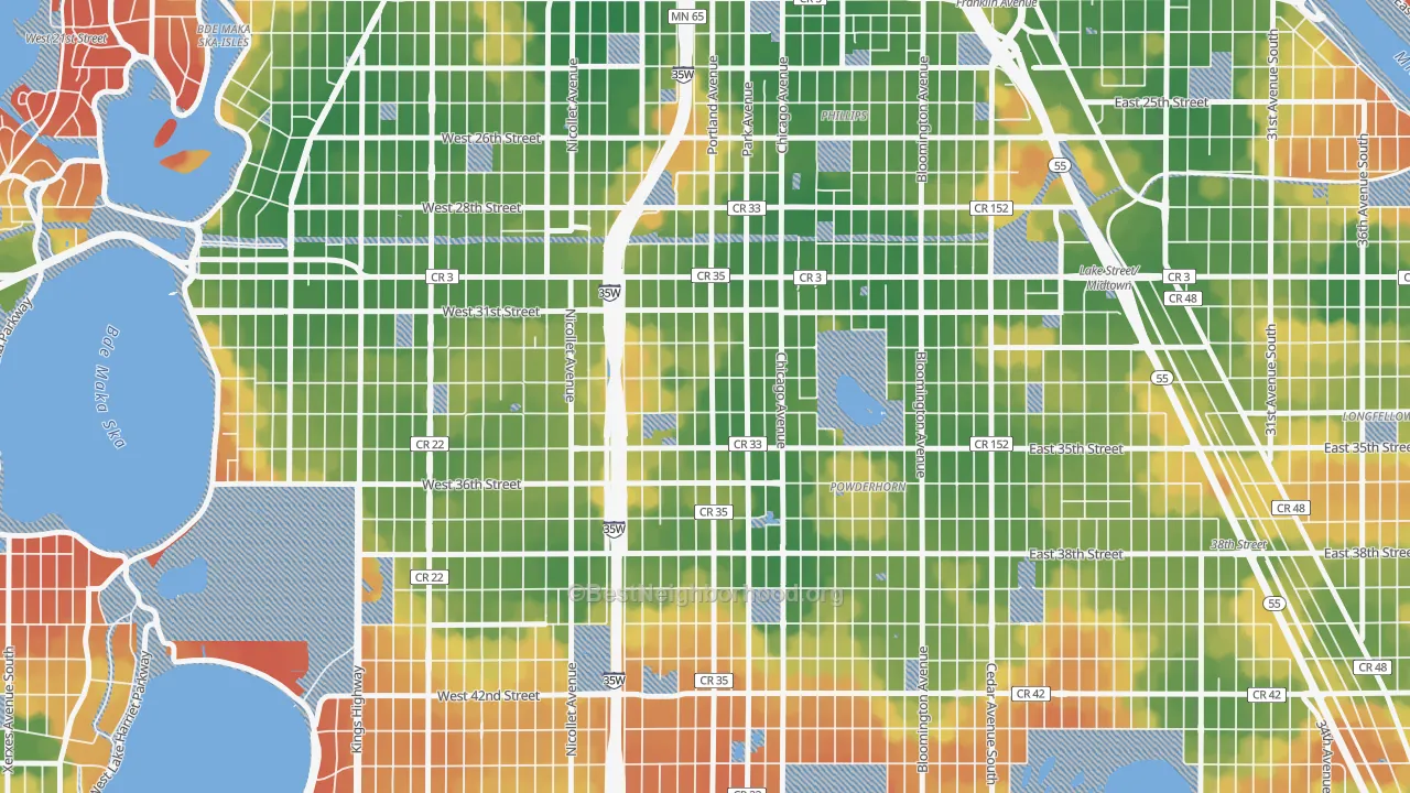 Walk Grade map of Central, Minneapolis, MN, walkable areas in green and car-dependent areas in red