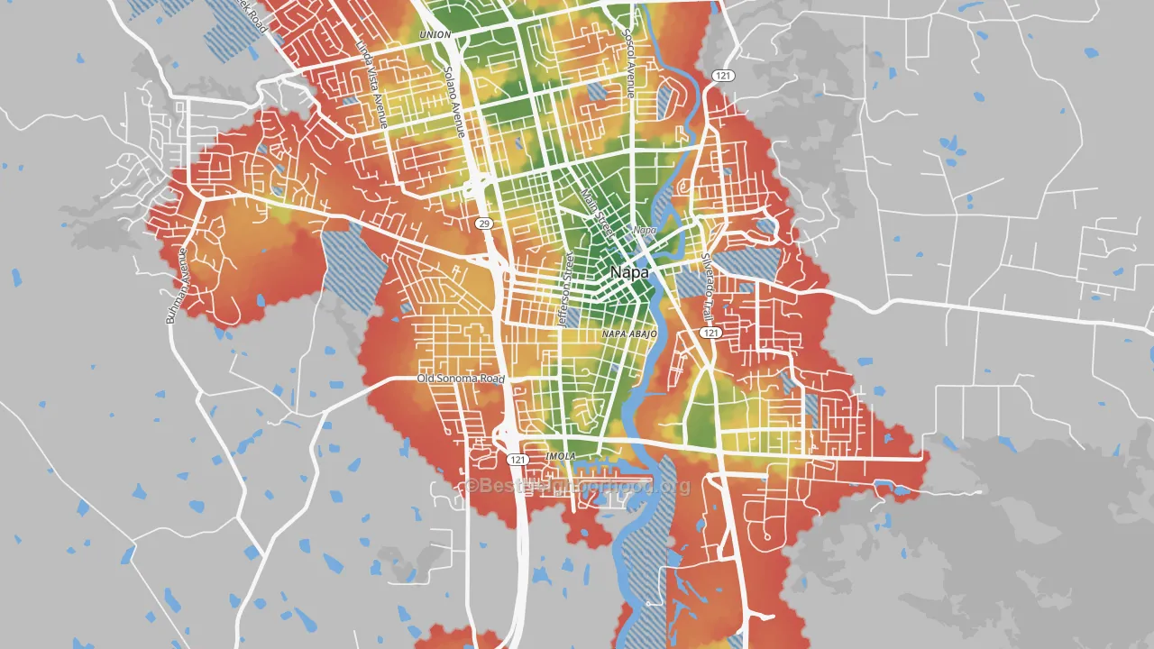 Walk Grade map of Central Napa, Napa, CA, walkable areas in green and car-dependent areas in red