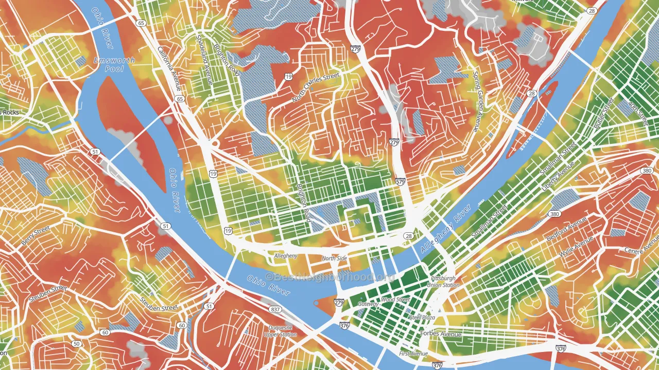 Walk Grade map of Central Northside, Pittsburgh, PA, walkable areas in green and car-dependent areas in red